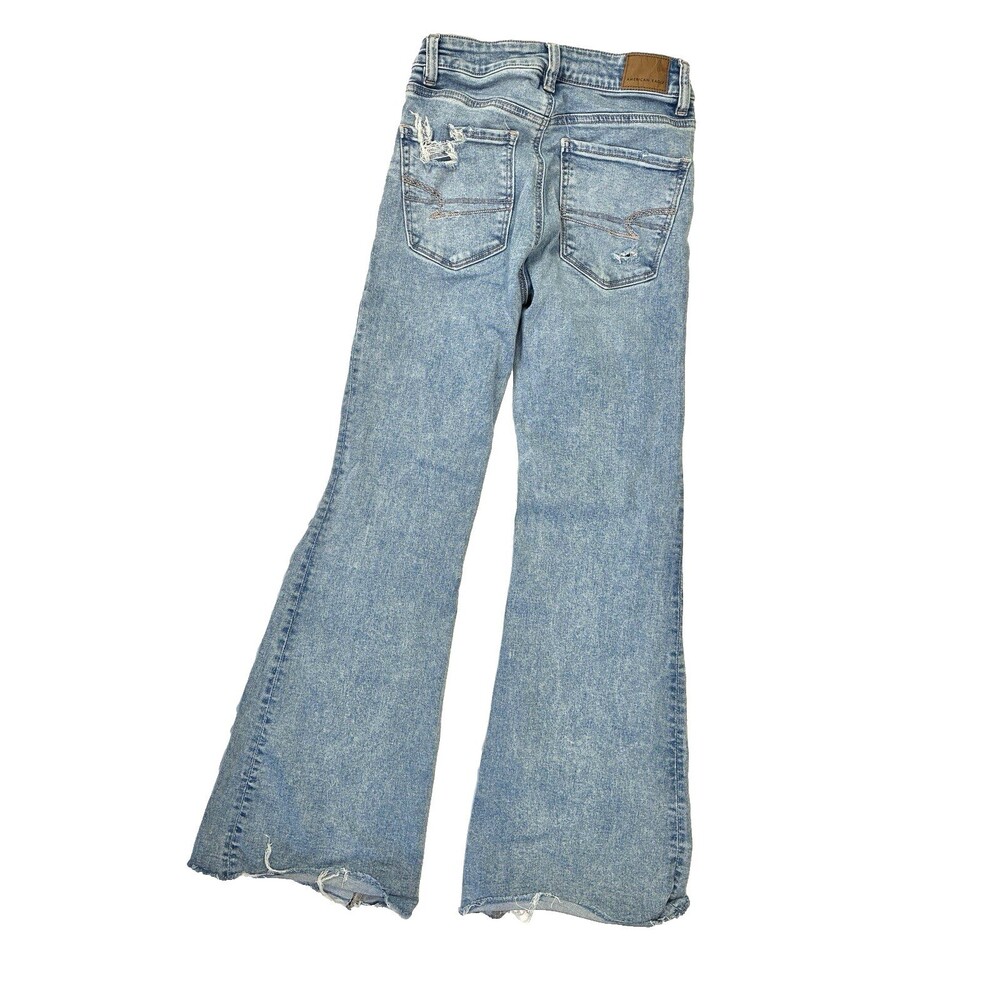American Eagle Blue Jeans Super High Rise Flare Stretch Sz 2 Short Hippie Grunge - Picture 5 of 12